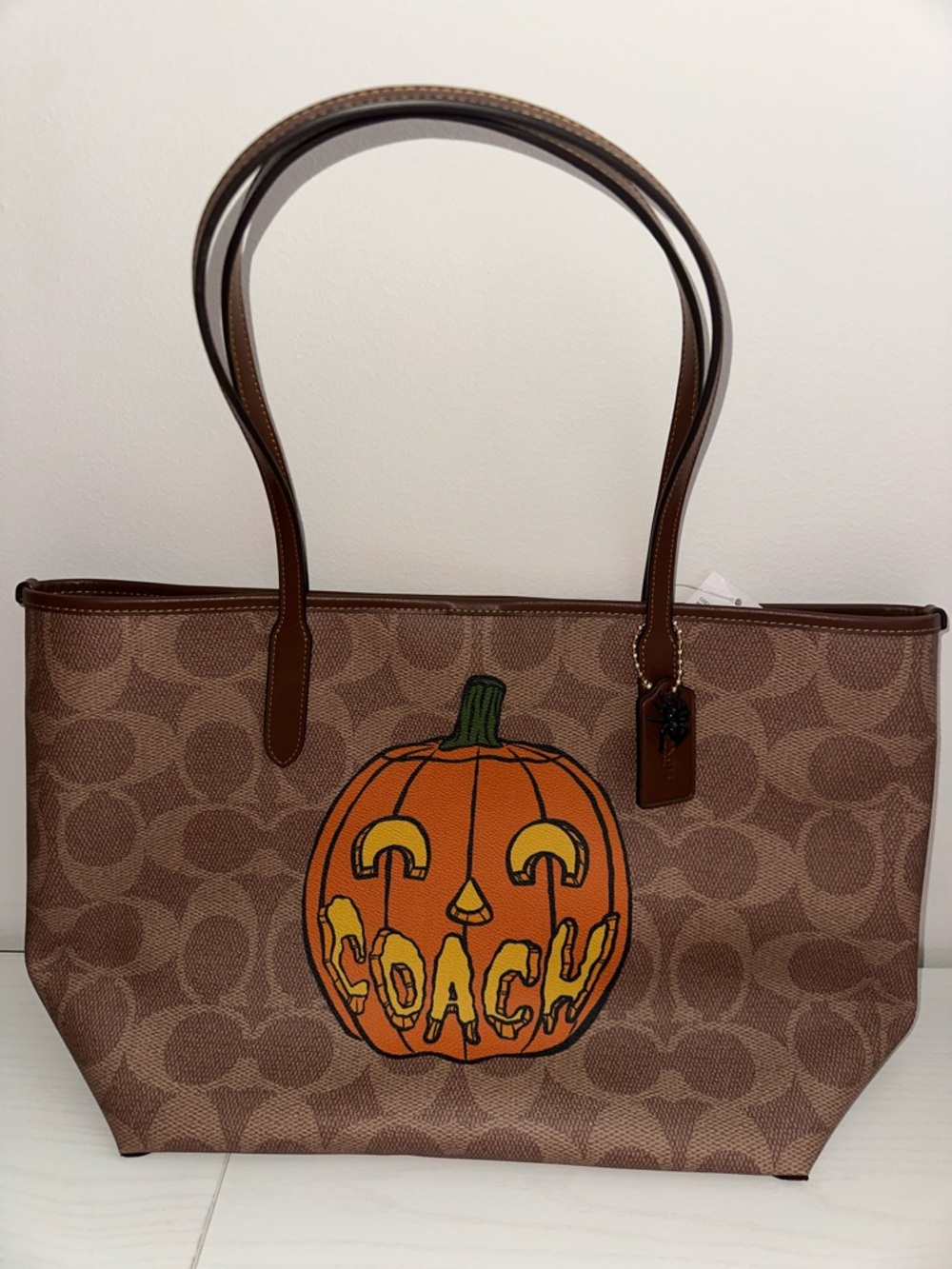 NWT authentic Coach Brown Signature Canvas Tote with Orange Pumpkin  large tote